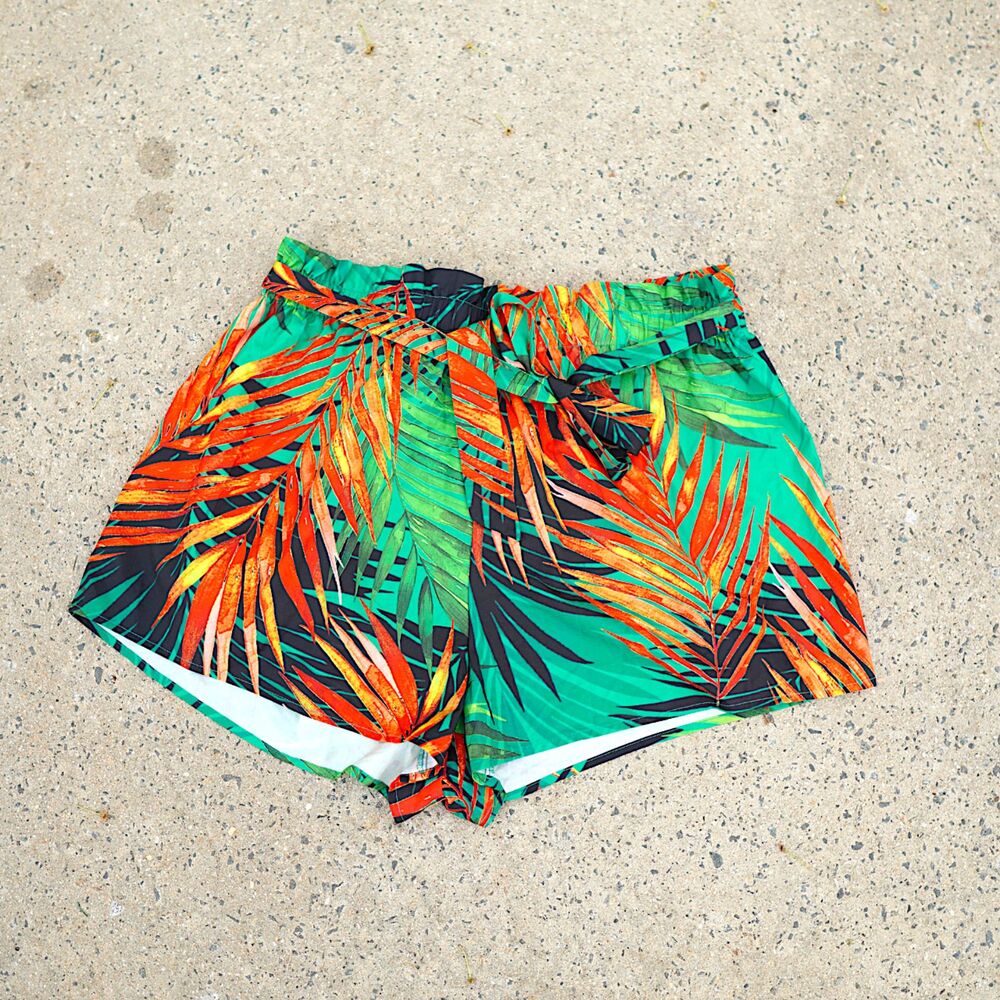 Shein Curve Tropical Leaf Shorts 2XL High Waisted Paperbag Tie Waist Boho Resort